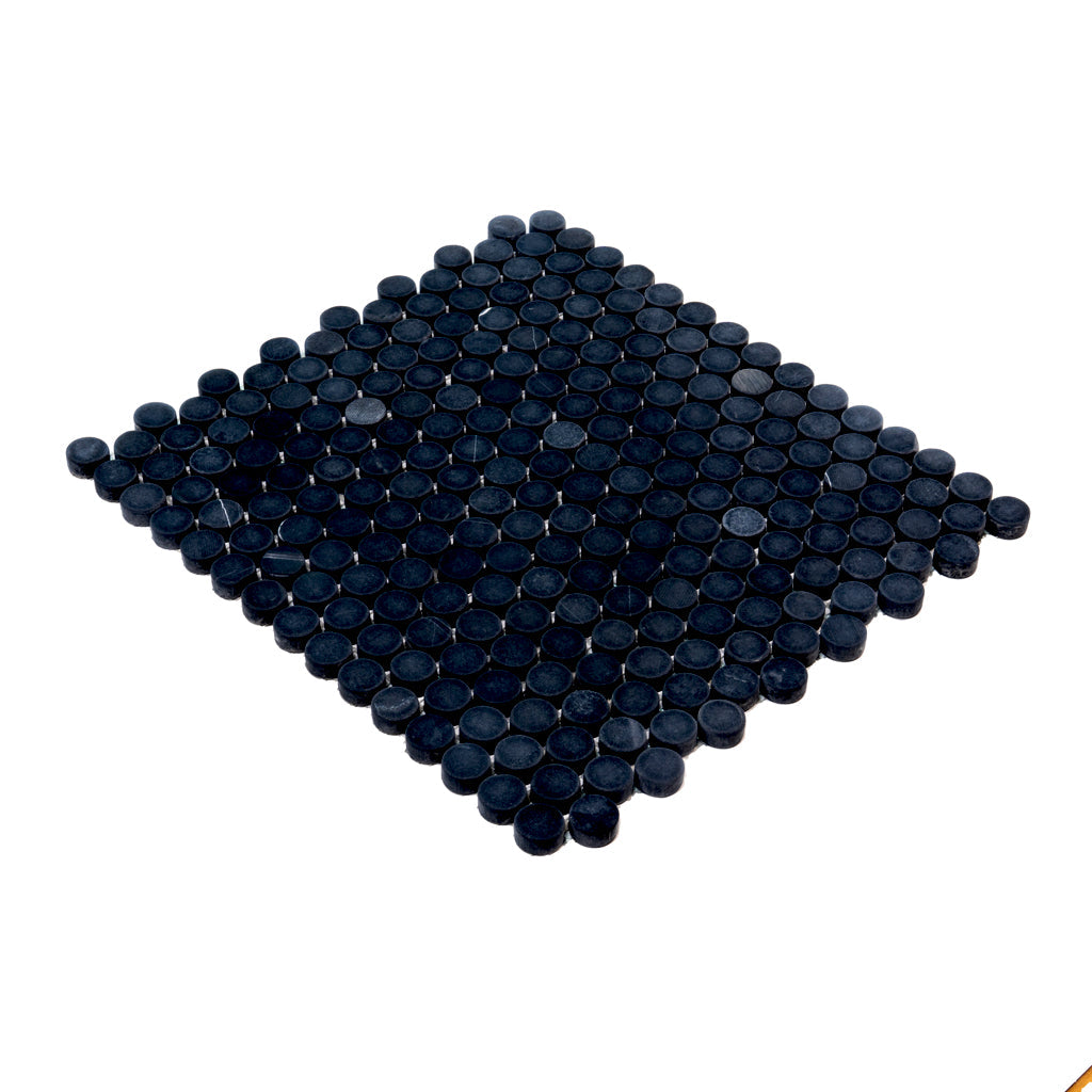 Jet Black 11x12 Tumbled Penny Round Marble Mosaic Tile (5 pack, 4.83 sq ft/case) - Sample