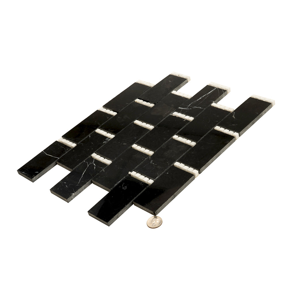 Eastern Black Thassos White 12x13 Polished Brick Marble Mosaic Tile (5 pack, 5.28 sq ft/case)