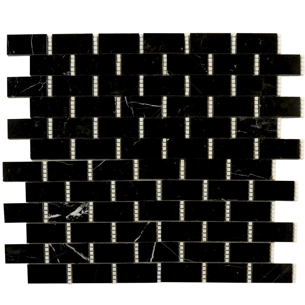 Eastern Black Thassos White 12x13 Polished Brick Marble Mosaic Tile (5 pack, 5.28 sq ft/case)