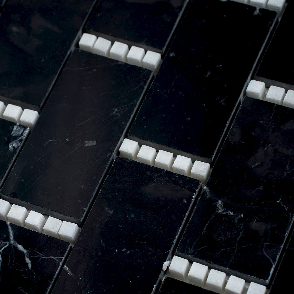 Eastern Black Thassos White 12x13 Polished Brick Marble Mosaic Tile (5 pack, 5.28 sq ft/case)