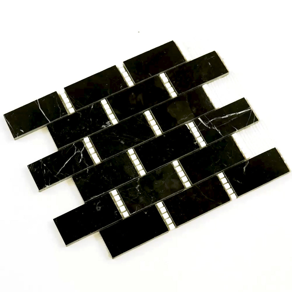 Eastern Black Thassos White 12x13 Polished Brick Marble Mosaic Tile (5 pack, 5.28 sq ft/case)