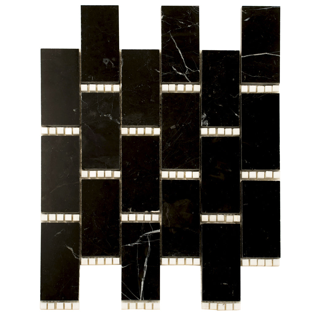 Eastern Black Thassos White 12x13 Polished Brick Marble Mosaic Tile (5 pack, 5.28 sq ft/case)