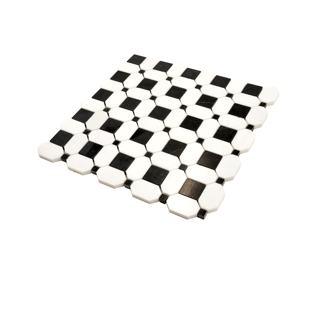 Eastern Black Thassos White 12x12 Polished Octagon Marble Mosaic Tile (5 pack, 5.08 sq ft/case)