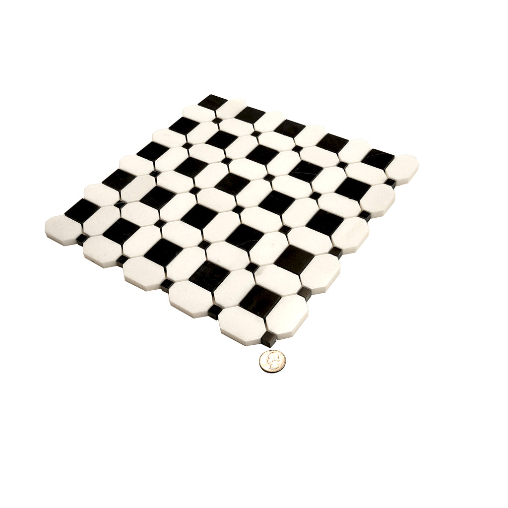 Eastern Black Thassos White 12x12 Polished Octagon Marble Mosaic Tile (5 pack, 5.08 sq ft/case)
