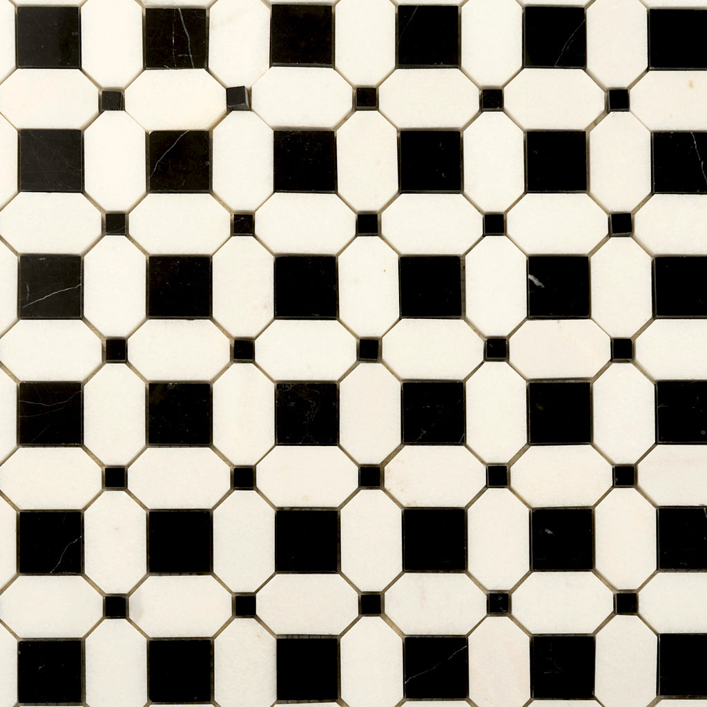 Eastern Black Thassos White 12x12 Polished Octagon Marble Mosaic Tile (5 pack, 5.08 sq ft/case)