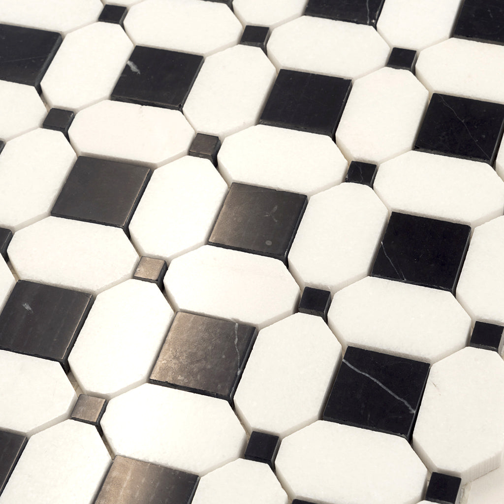 Eastern Black Thassos White 12x12 Polished Octagon Marble Mosaic Tile (5 pack, 5.08 sq ft/case)