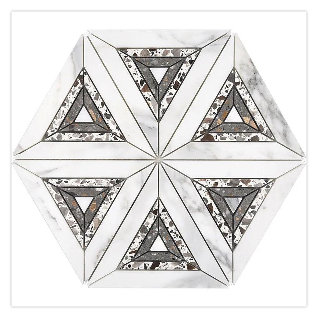 White Gray 9x10 Polished Honed Kaleidoscopic Marble Mosaic Tile (5 pack, 3.14 sq ft/case) - Sample