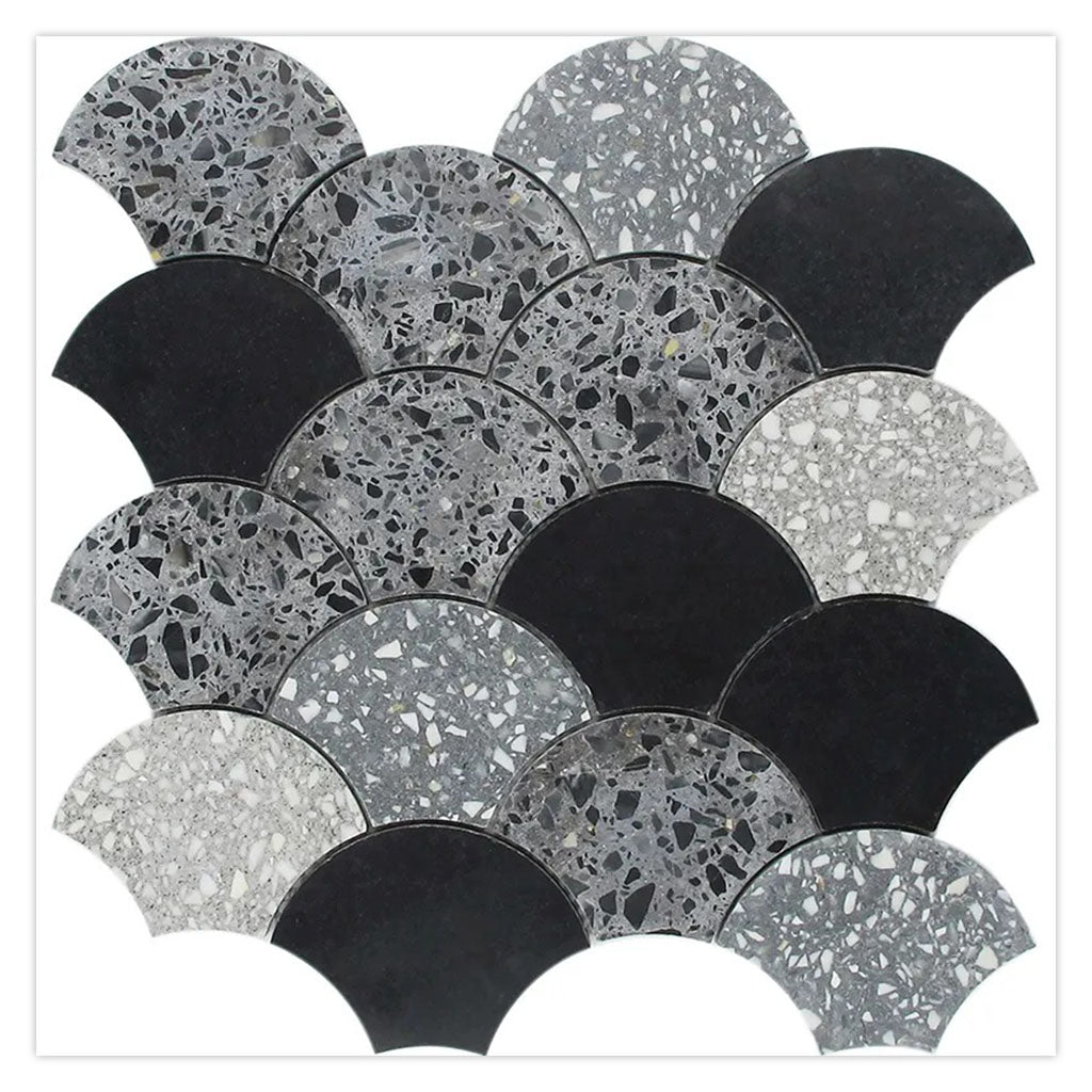 Black Gray 12x12 Honed Fan Fish Scale Terrazzo Limestone Marble Mosaic Tile (5 pack, 5 sq ft/case)