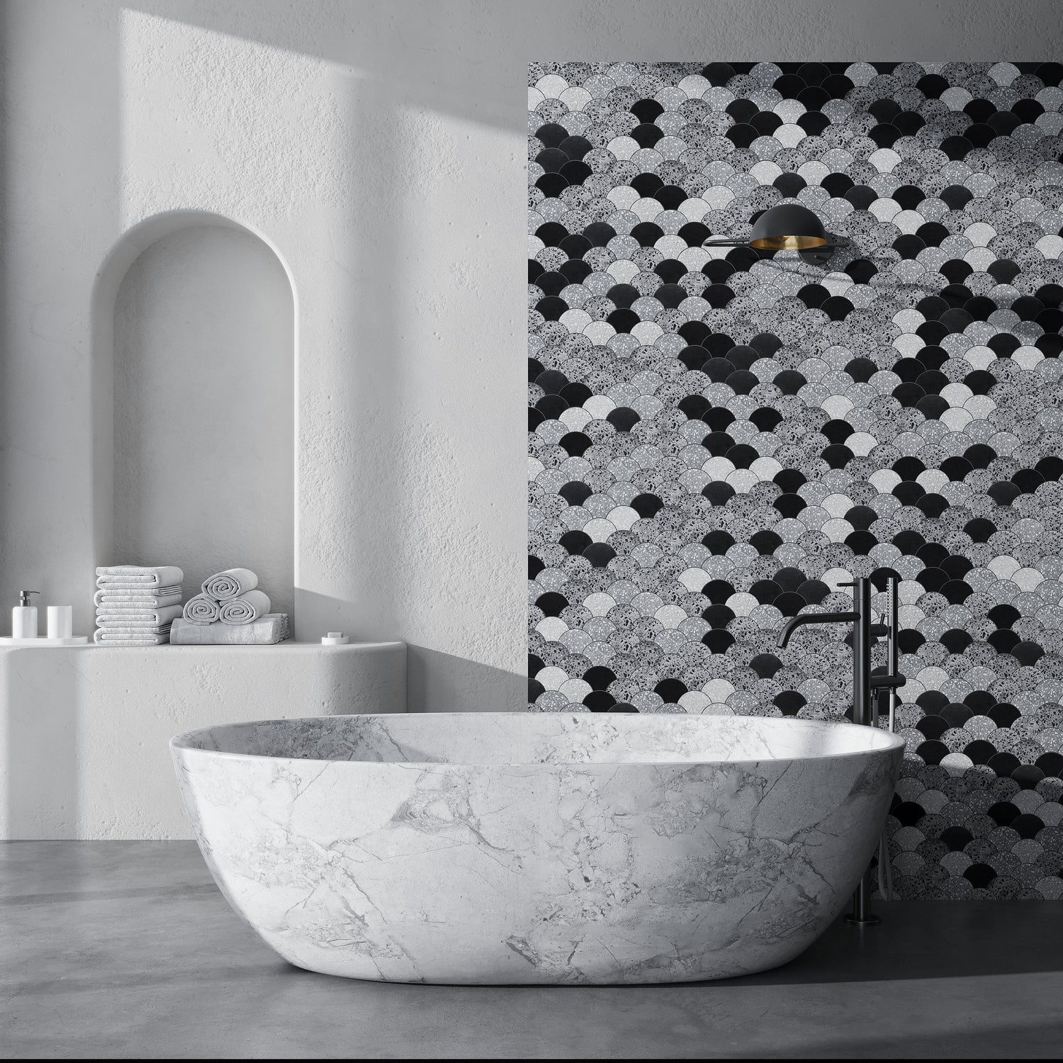 Black Gray 12x12 Honed Fan Fish Scale Terrazzo Limestone Marble Mosaic Tile (5 pack, 5 sq ft/case)