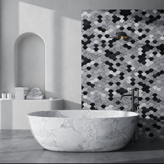 Black Gray 12x12 Honed Fan Fish Scale Terrazzo Limestone Marble Mosaic Tile (5 pack, 5 sq ft/case)