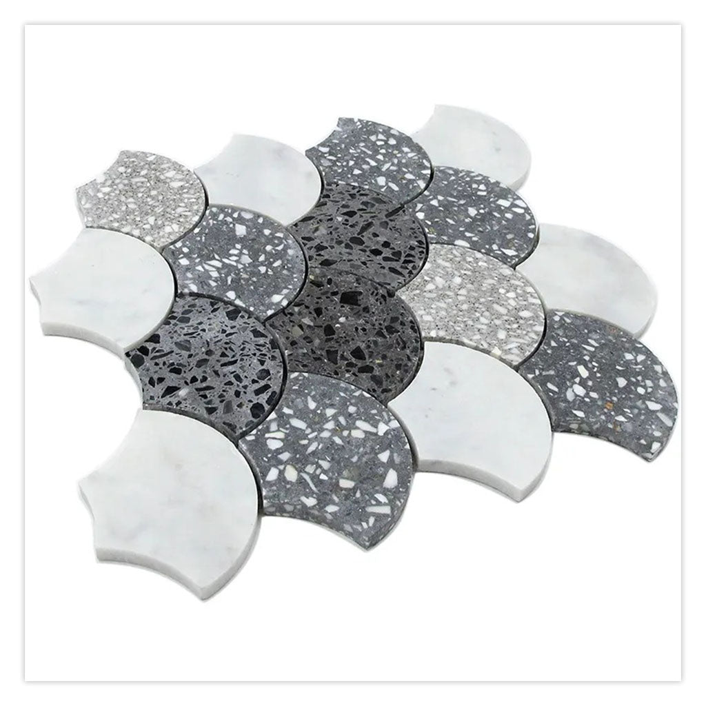 White Gray 12x12 Honed Fan Fish Scale Terrazzo Marble Mosaic Tile (5 pack, 5 sq ft/case) - Sample