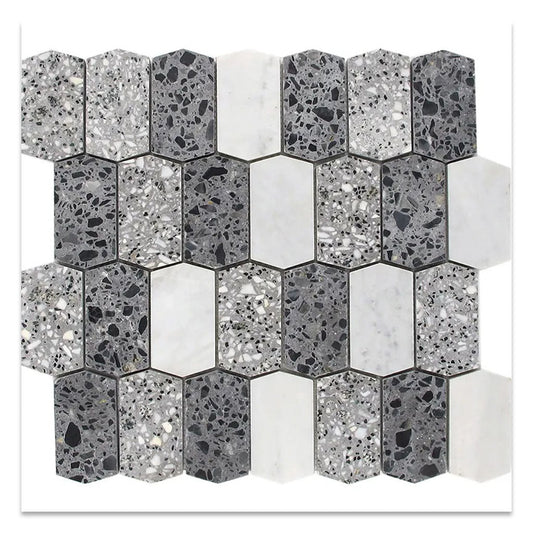 White Charcoal Gray 11x13 Honed Picket Terrazzo Marble Mosaic Tile (5 pack, 5.3 sq ft/case) - Sample