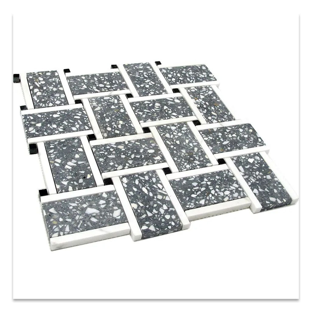 Charcoal Gray White 12x12 Honed Basketweave Terrazzo Dolomite Limestone Marble Mosaic Tile (5 pack, 5.08 sq ft/case)