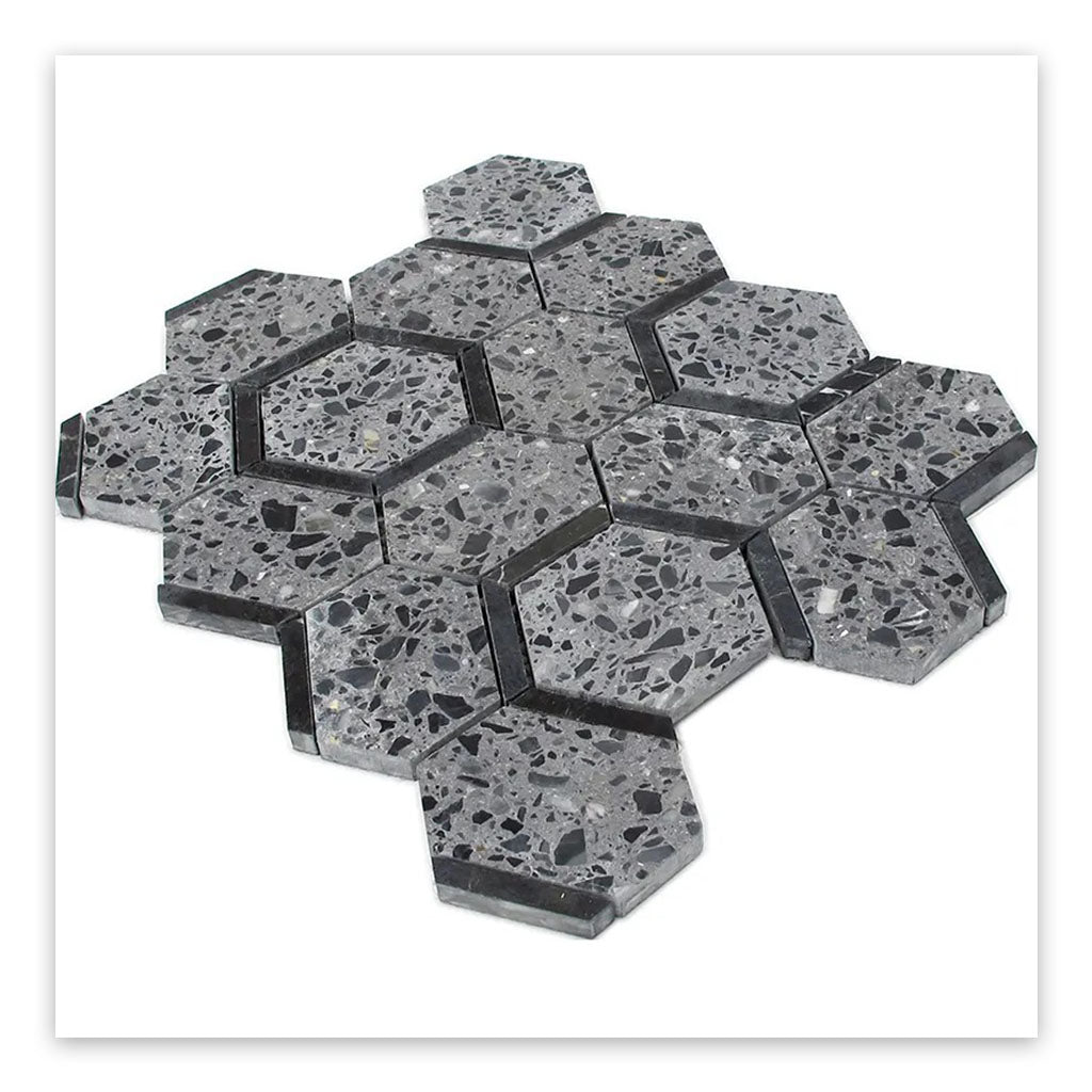 Charcoal Gray Black 11x12 Honed Hexagon Terrazzo Limestone Marble Mosaic Tile (5 pack, 4.38 sq ft/case)