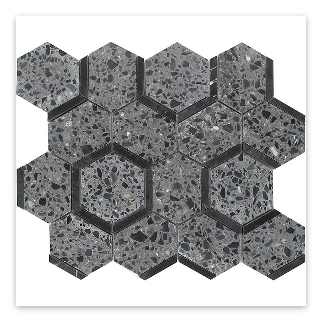Charcoal Gray Black 11x12 Honed Hexagon Terrazzo Limestone Marble Mosaic Tile (5 pack, 4.38 sq ft/case)