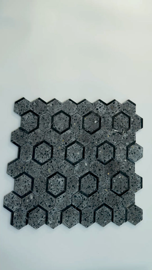 Charcoal Gray Black 11x12 Honed Hexagon Terrazzo Limestone Marble Mosaic Tile (5 pack, 4.38 sq ft/case)