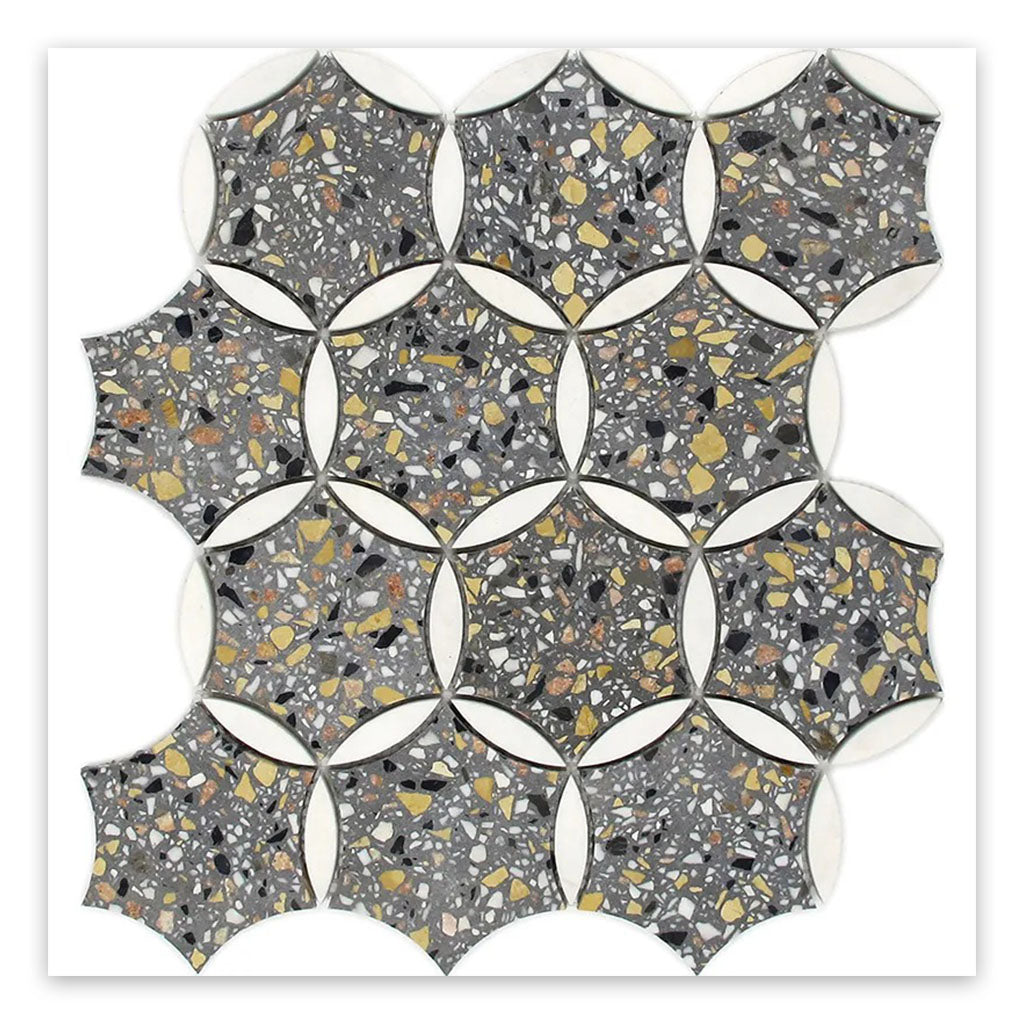 Gray White 12x13 Honed Star Round Terrazzo Dolomite Marble Mosaic Tile (5 pack, 5.46 sq ft/case)