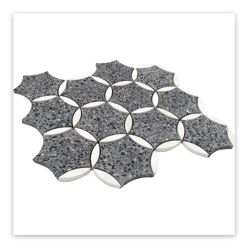 Charcoal Gray Black 12x13 Honed Star Round Terrazzo Dolomite Marble Mosaic Tile (5 pack, 5.46 sq ft/case)