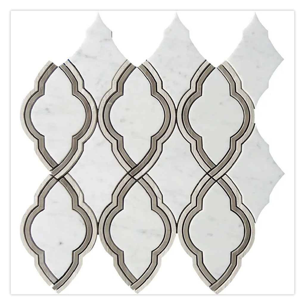 Bianco Carrara, Wooden Grey, Athens Grey 14x14 Polished Arabesque Marble Mosaic Tile (5 pack, 7 sq ft/case)
