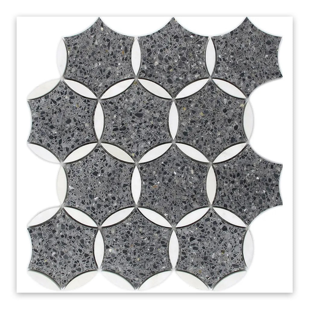 Charcoal Gray Black 12x13 Honed Star Round Terrazzo Dolomite Marble Mosaic Tile (5 pack, 5.46 sq ft/case)