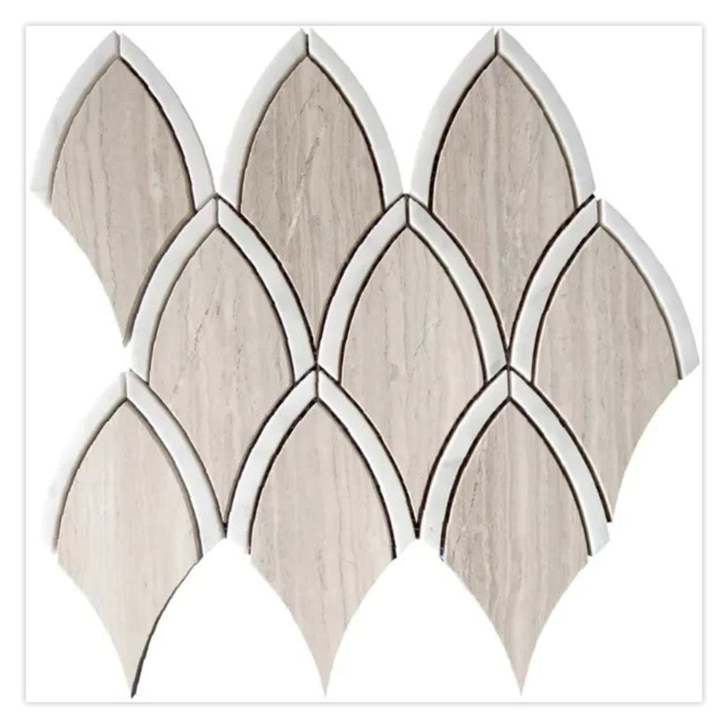 Wooden Beige White 9x10 Polished Fan Fish Scale Marble Mosaic Tile (5 pack, 3 sq ft/case) - Sample