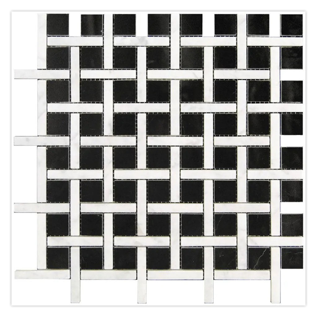 Eastern Black White 12x12 Polished Basketweave Marble Mosaic Tile (5 pack, 5 sq ft/case) - Sample