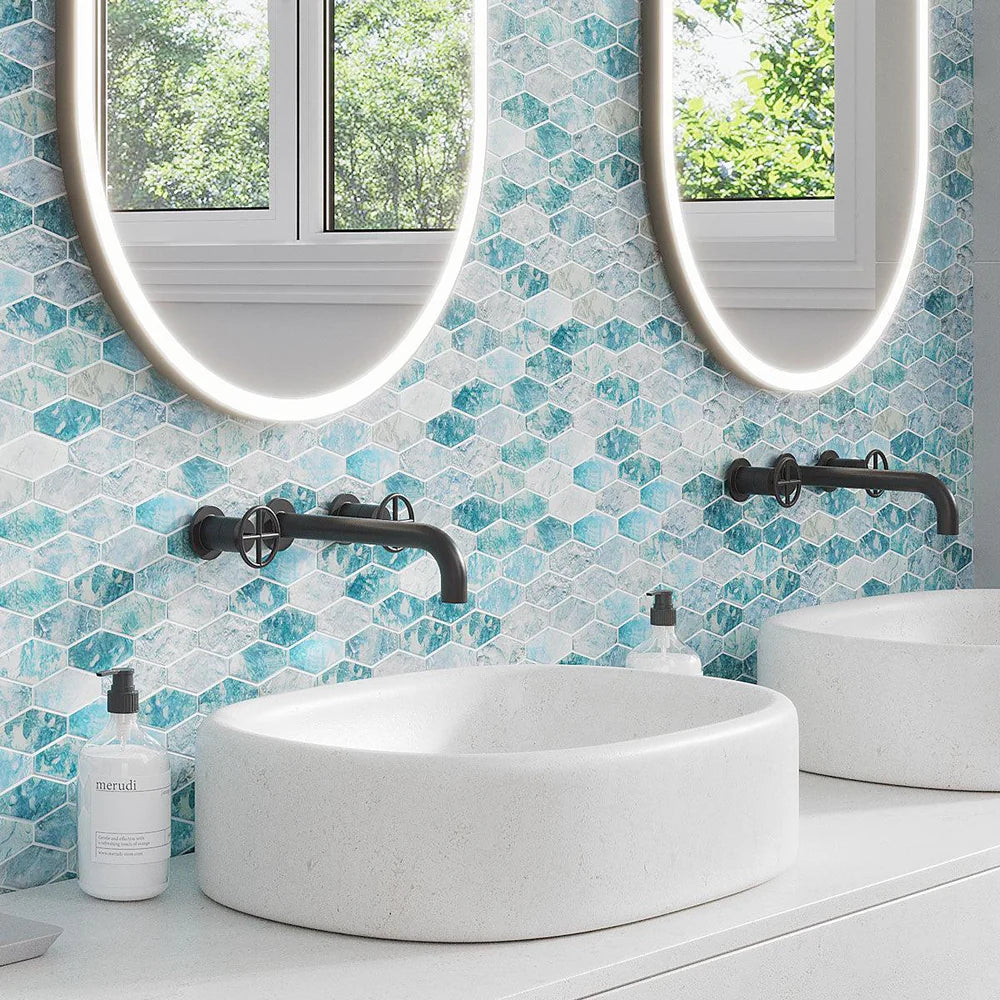 Aqua 11x12 Matte Elongated Hexagon Glass Mosaic Tile (10 pack, 8.6 sq ft/case)