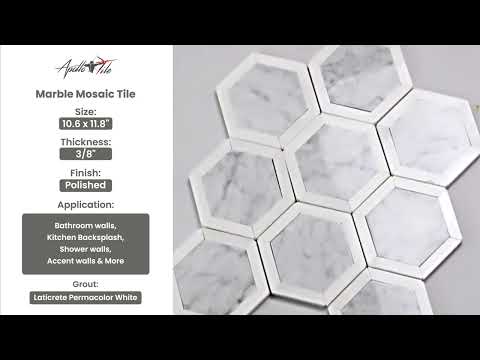 White Gray 10x12 Polished Hexagon Bianco Carrara Thassos Marble Mosaic Tile (5 pack, 4.34 sq ft/case)