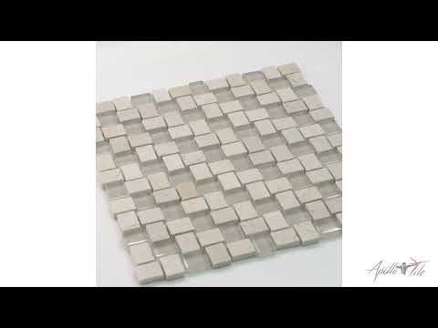 Beige 12x12 Polished Etched Brick Glass Crema Marfil Marble Mosaic Tile (5 pack, 4.83 sq ft/case)
