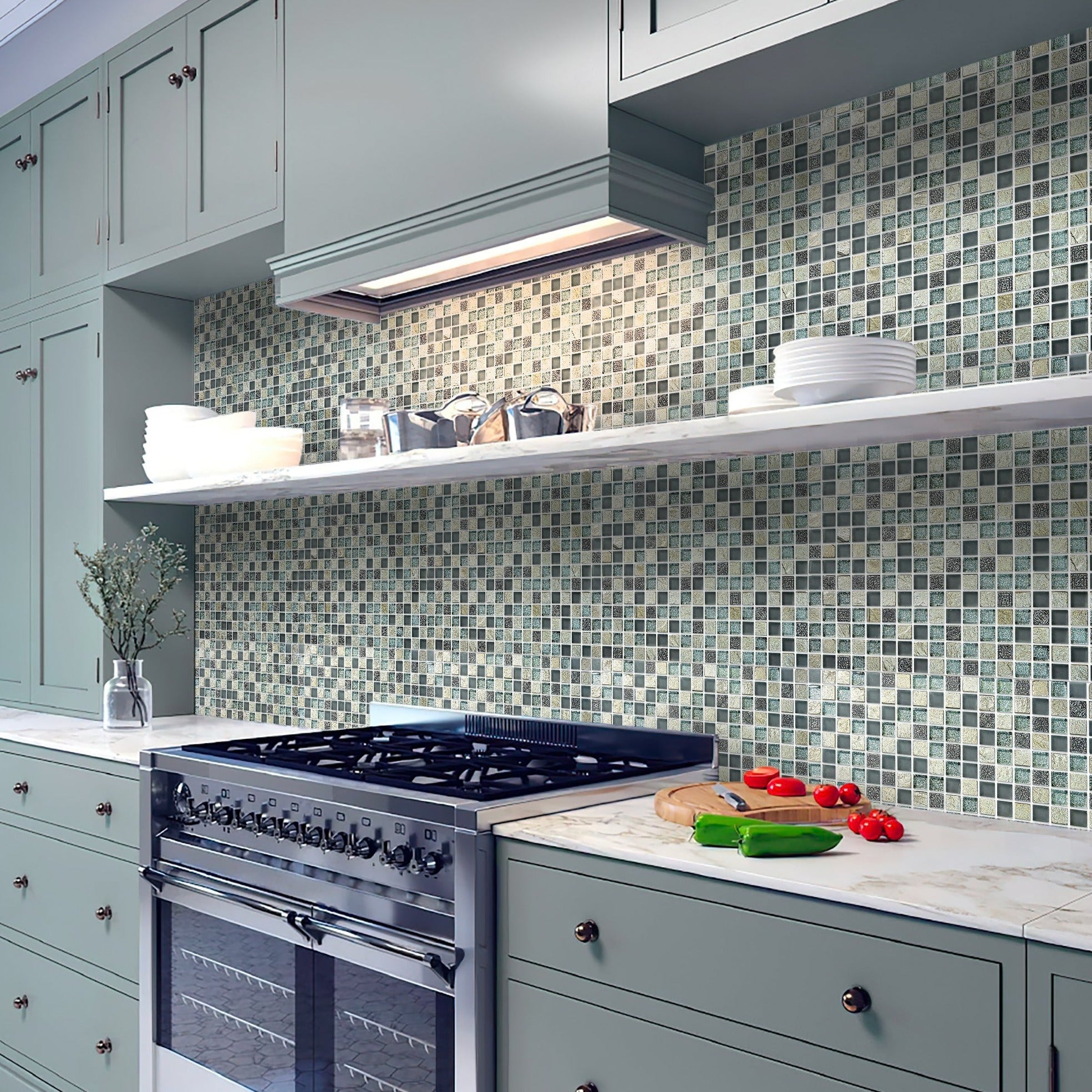 12 x 12 Blue and Gray Square Polished Glass and Stone Mosaic Tile Blue