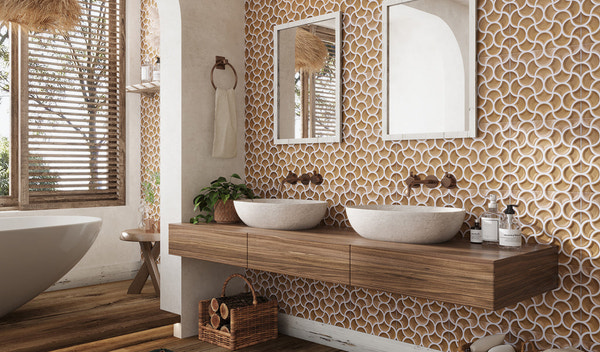 Modern bathroom with patterned beige and white sculptural wall tiles