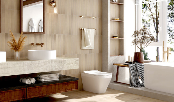modern bathroom with beige vertical rectangular ceramic wall tiles
