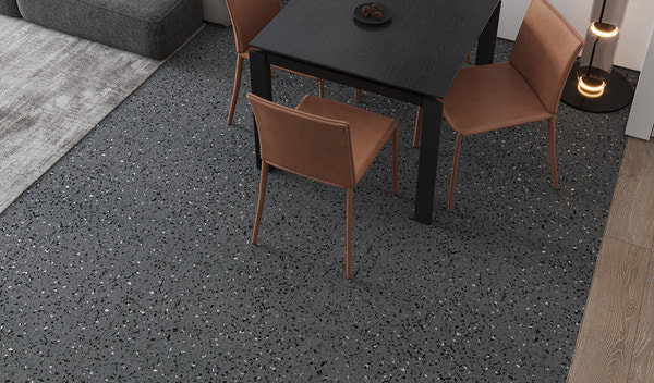 Black floor tile with matching black grout in matte finish