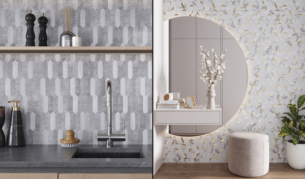 Modern kitchen backsplash with grey and white geometric peel-and-stick tile