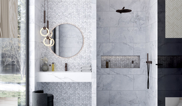 modern bathroom shower niche tiled with gray beige large marble-look porcelain tiles and polished ceramic subway tiles