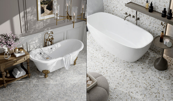 Classic white clawfoot tub with honed hexagon marble mosaic tiles and hexagonal marble mosaic tiles