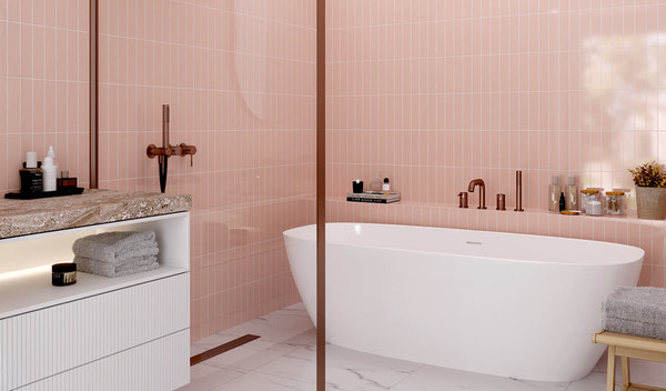 Modern bathroom with glossy blush pink subway ceramic wall tiles
