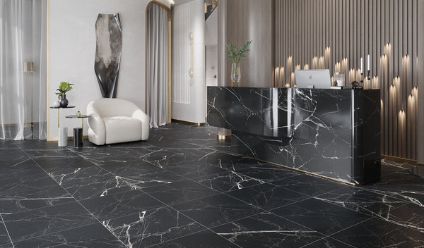 modern black marble porcelain floor tile with high-gloss finish and white veining in luxury interior