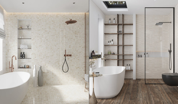 modern shower niches with geometric beige tiles and contrasting vertical gray subway tiles in luxurious bathroom
