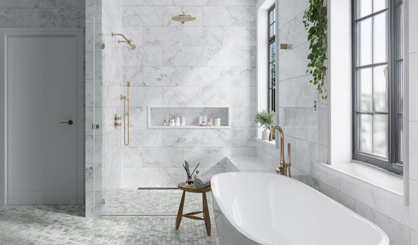 modern bathroom shower with white marble tiles and mosaic hexagon floor tiles