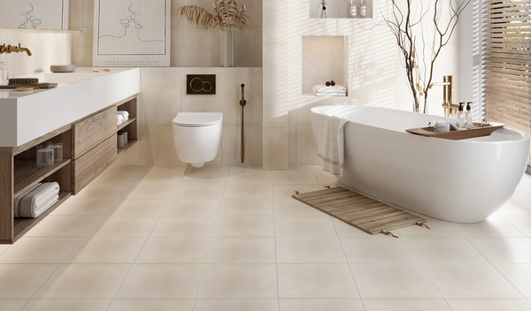Small bathroom with large off-white polished marble floor tiles creating a bright and spacious look