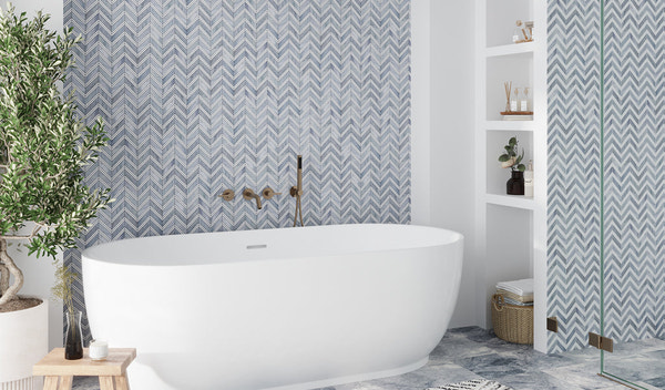 blue chevron patterned ceramic wall tiles for modern small bathroom