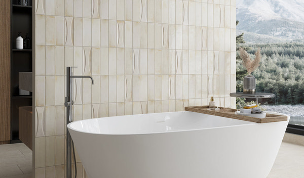 Modern bathroom with white polished subway tiles
