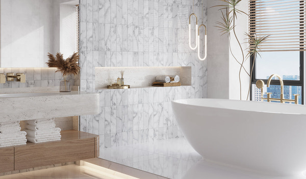 modern bathroom with floor-to-ceiling vertical white subway tiles