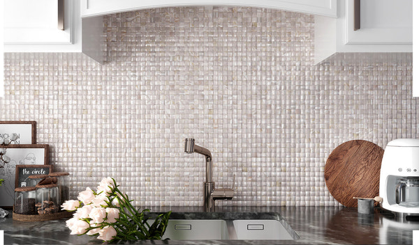 textured small square ceramic backsplash tiles in neutral tones
