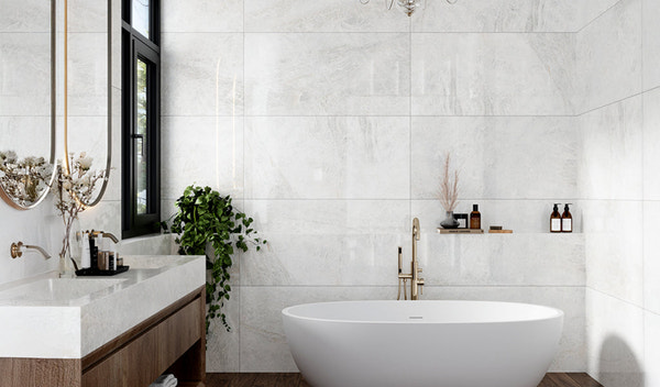 Modern white bathroom with large format tiles for a bright minimalist shower design