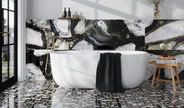 close-up of black and white abstract patterned porcelain wall tiles with a polished finish