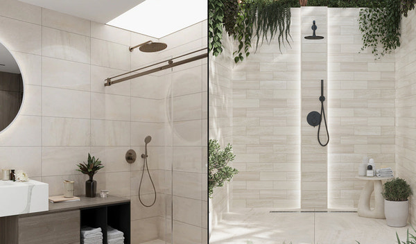 Modern bathroom with beige chevron and mosaic wood look shower tiles and matte brown wood-look porcelain floor tiles