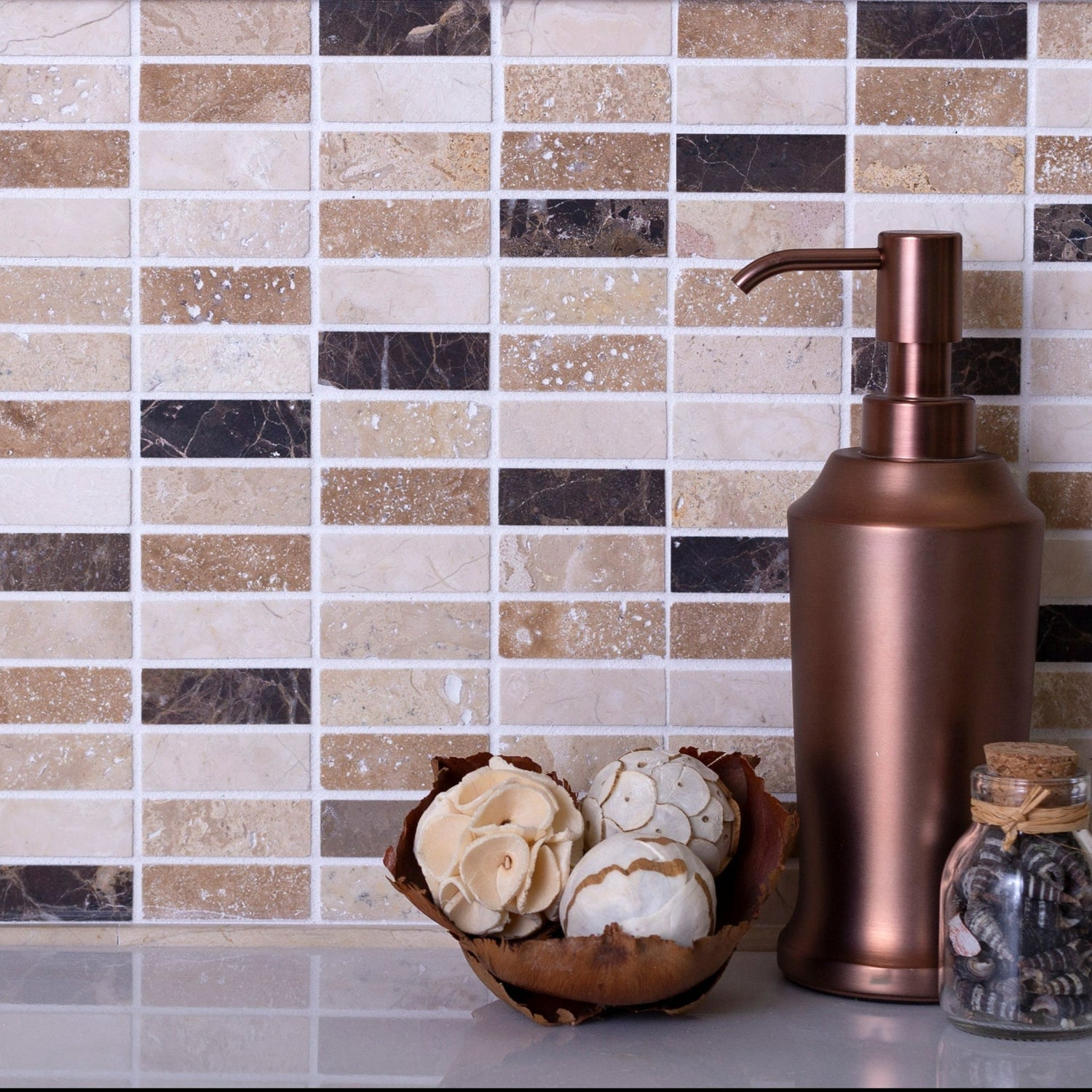 Beige Brown 12x12 Polished Brick Marble Mosaic Tile (5 pack, 5 sq ft/case) - Sample