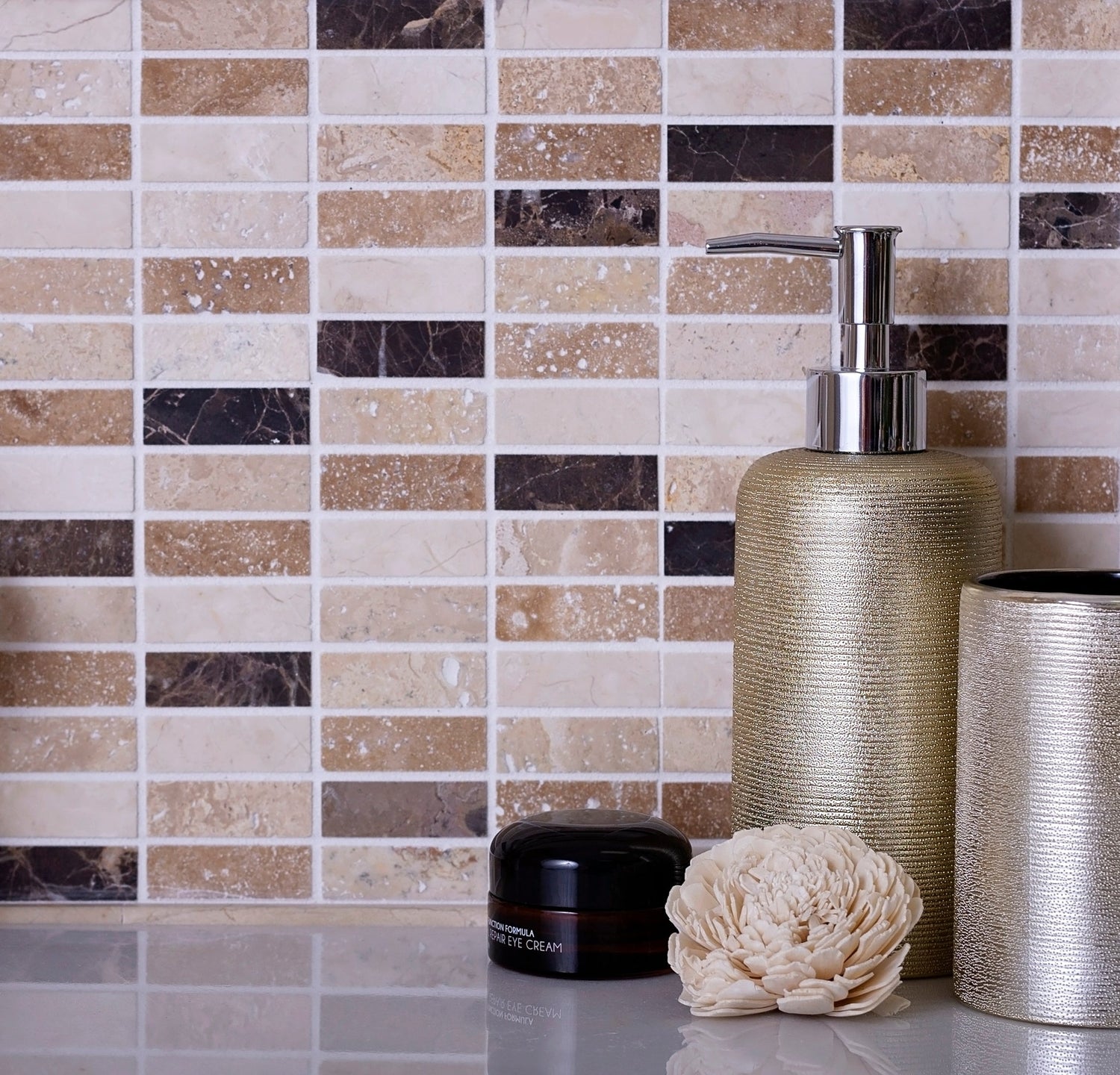 Beige Brown 12x12 Polished Brick Marble Mosaic Tile (5 pack, 5 sq ft/case) - Sample